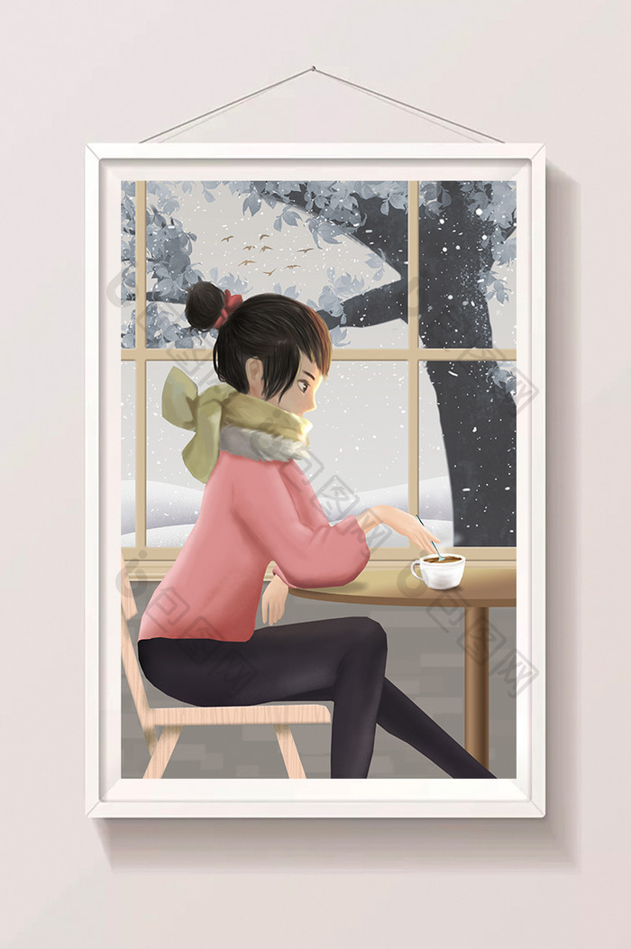 唯美24节气小雪女孩窗前喝咖啡插画