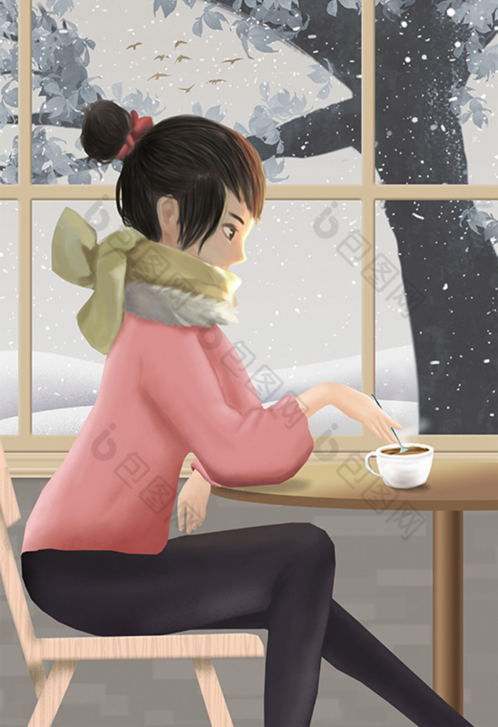 唯美24节气小雪女孩窗前喝咖啡插画
