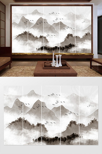 中式中国风水墨意境山水飞鸟风景电视背景墙图片