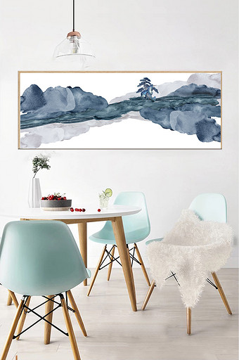 新中式抽象蓝色水墨风景山水装饰画图片