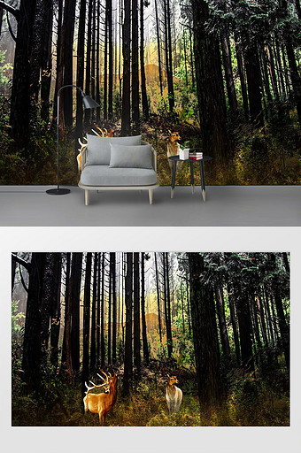 北欧简约意境麋鹿森林背景墙图片