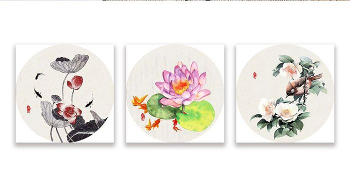 新中式水墨手绘荷花浮雕鲤鱼三联圆框装饰画