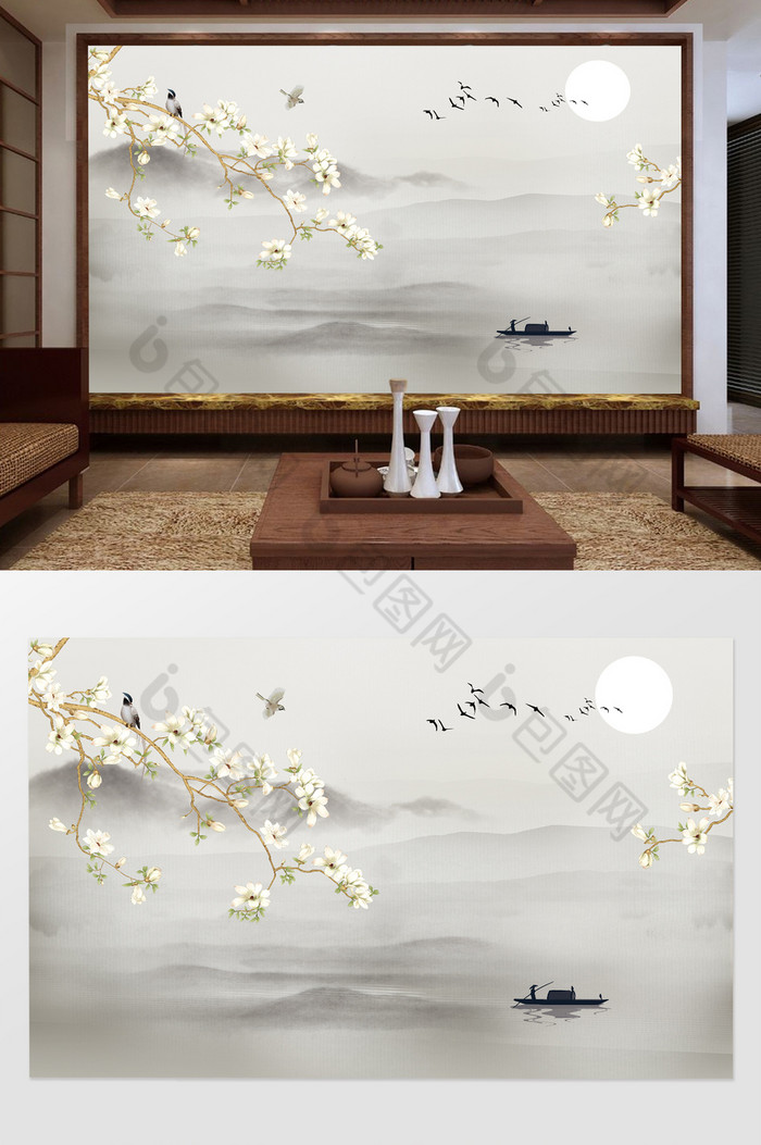 新中式水墨山水背景手绘玉兰花鸟电视机背景图片图片
