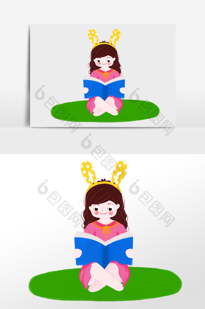 可爱卡通小女孩阅读读书插画人物元素