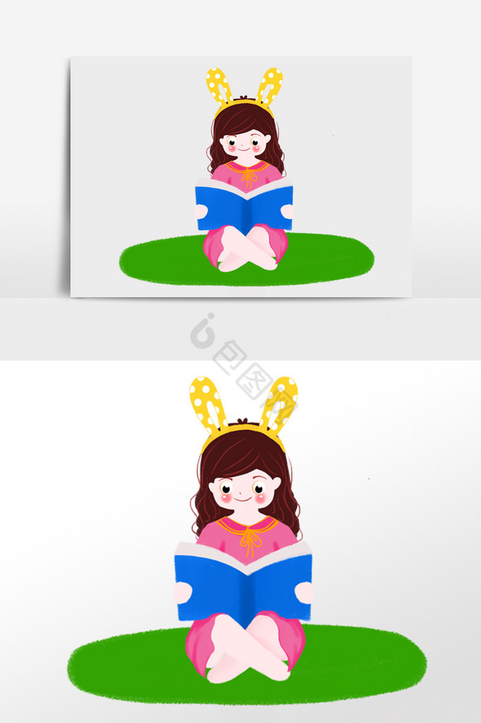 小女孩阅读读书插画人物图片