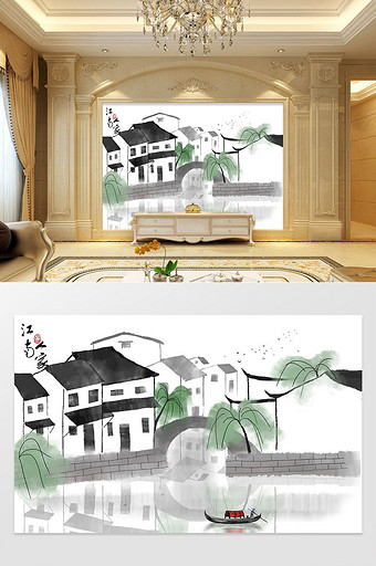 新中式水墨江南山水画客厅背景墙图片