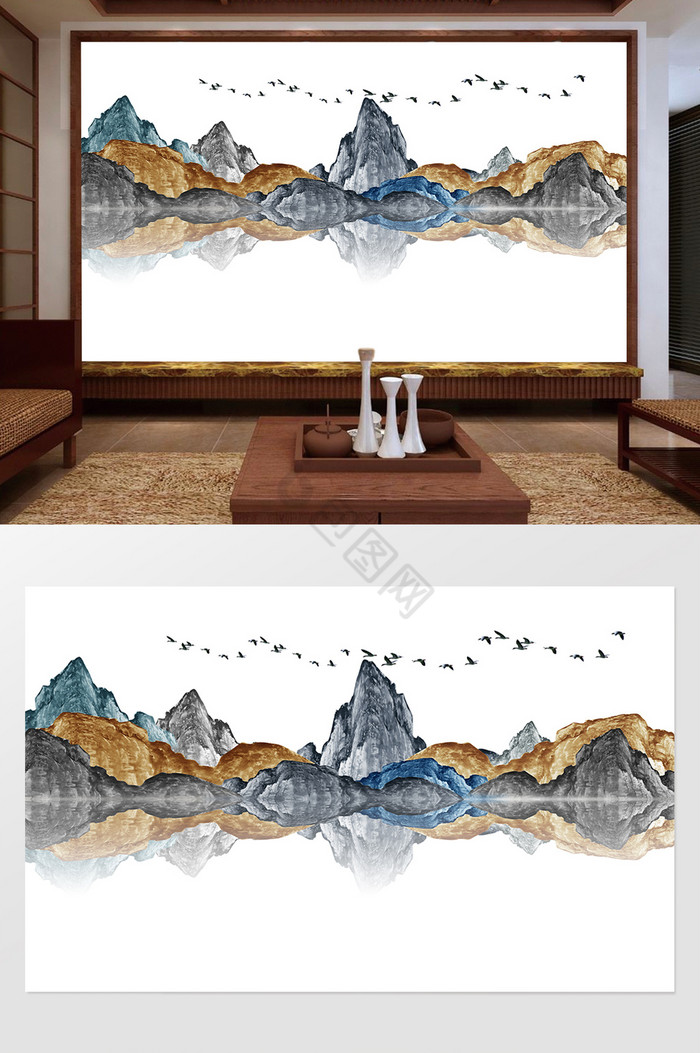 新中式水墨国画抽象山水背景墙中式风情图片