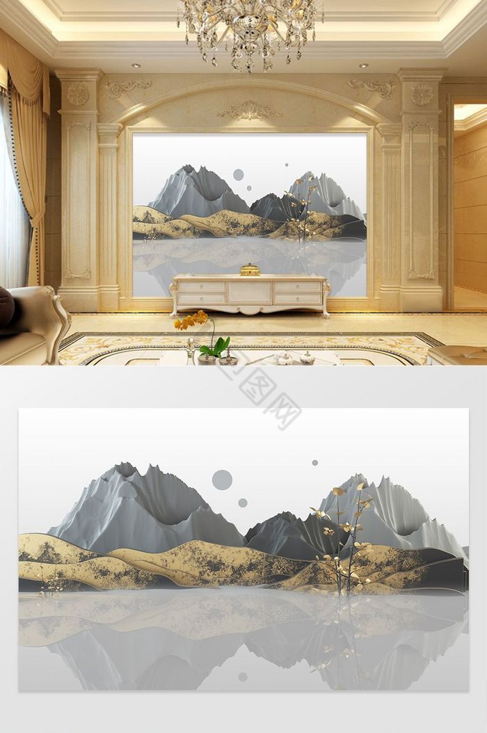 新中式大理水墨国画抽象山水背景墙高山流水图片