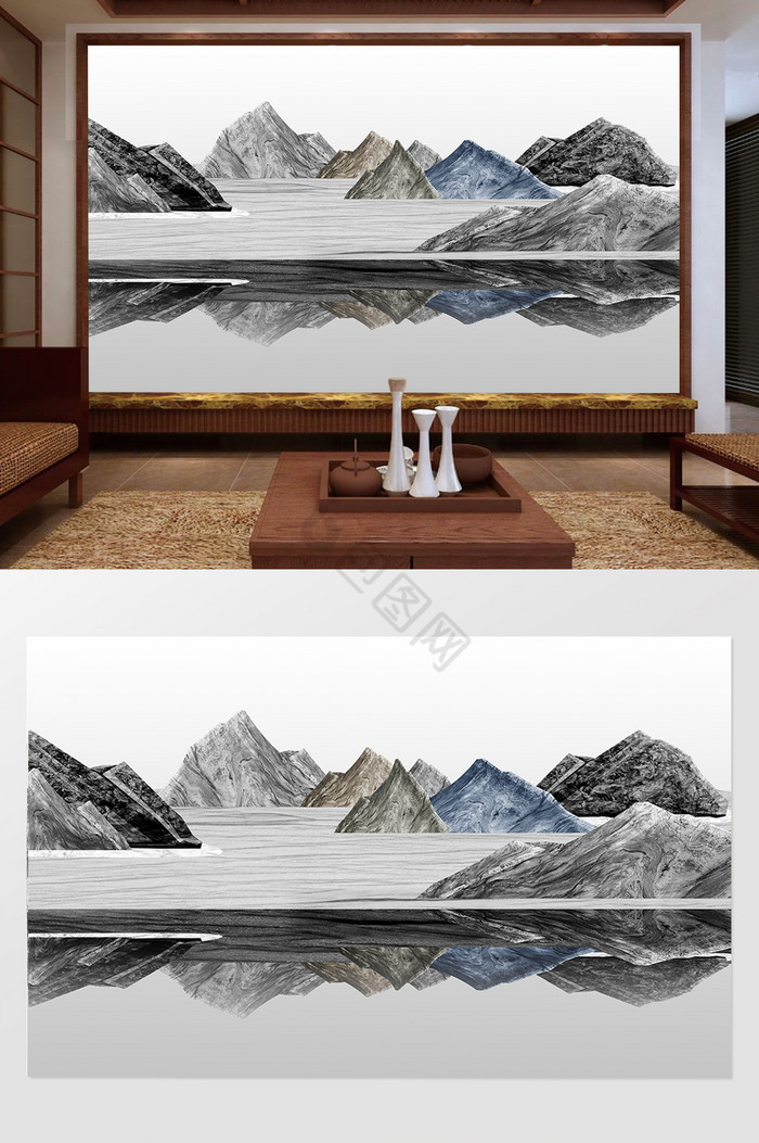 抽象石纹山水新中式背景墙图片