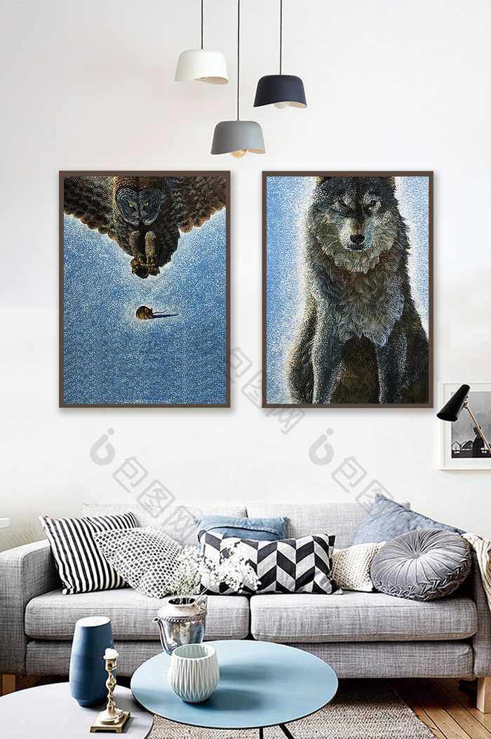 北欧抽象动物猫头鹰狼装饰画素材背景墙