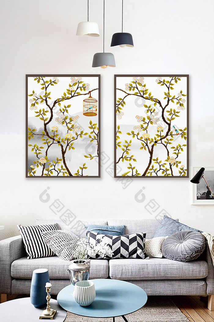 新中式花景植物黄色鸟类鸟笼装饰画