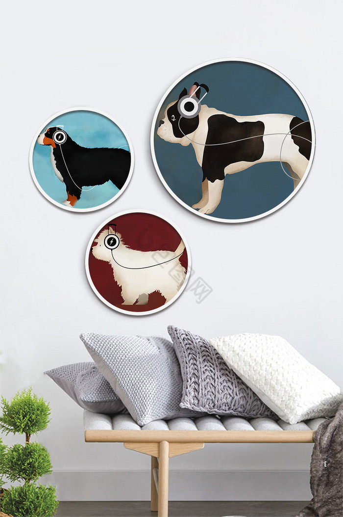 北欧动物耳机动物狗狗装饰画素材背景墙图片