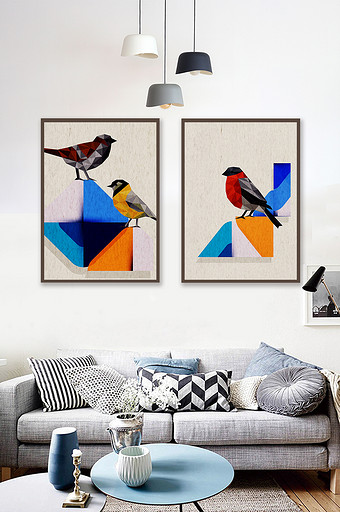 北欧几何动物彩色方块抽象油画装饰画图片