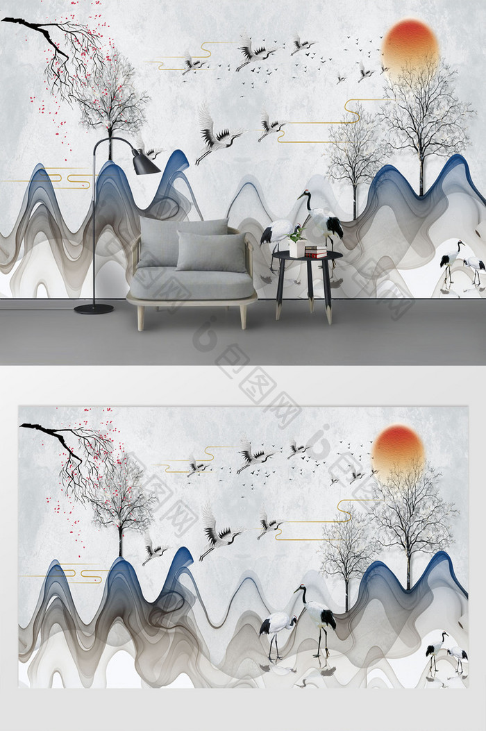 现代手绘抽象山水飞鹤背景墙