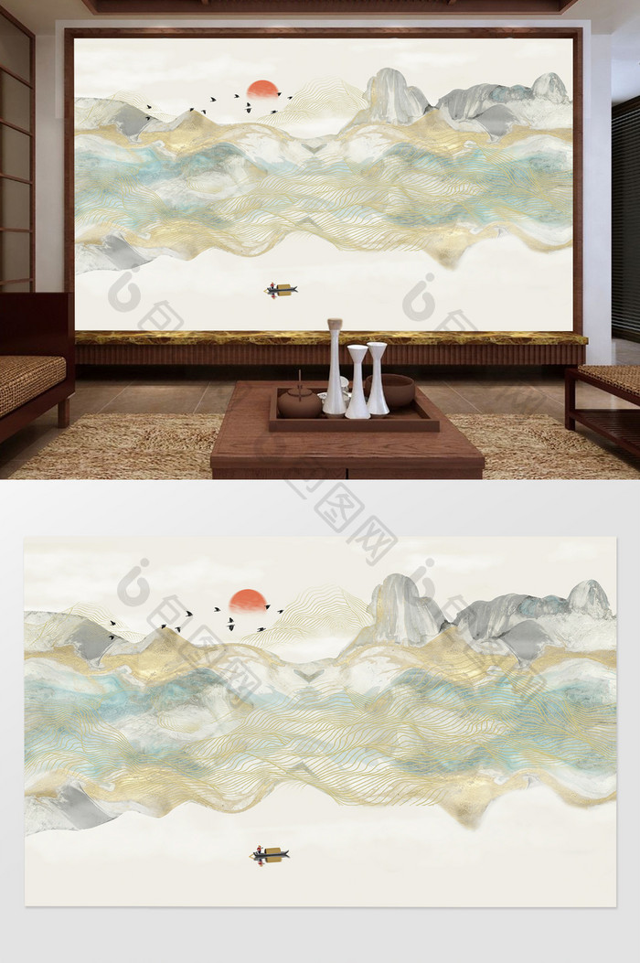 新中式抽象手绘水墨山水背景墙