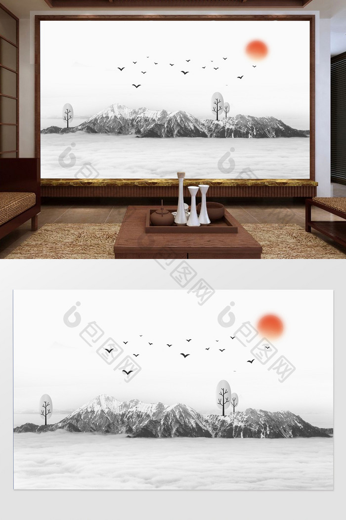 新中式水墨国画抽象飞鸟山背景墙