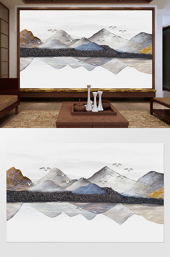 新中式抽象石纹山水电视背景墙图片