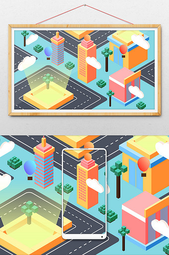 2.5D微立体卡通城市矢量建筑矢量插画图片