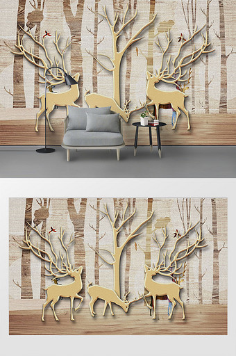 金色鹿仰望树枝现代背景墙图片