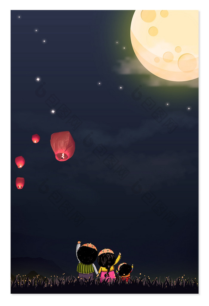 中国风童趣中秋灯笼月亮背景
