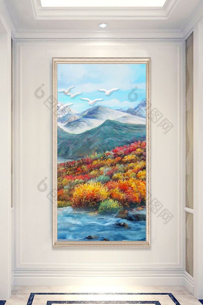 新中式山水风景油画玄关过道装饰画