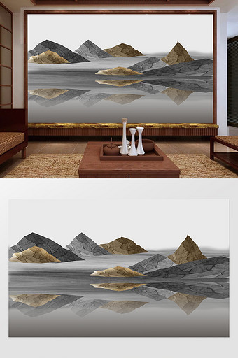 新中式立体几何抽象山水风景背景墙图片