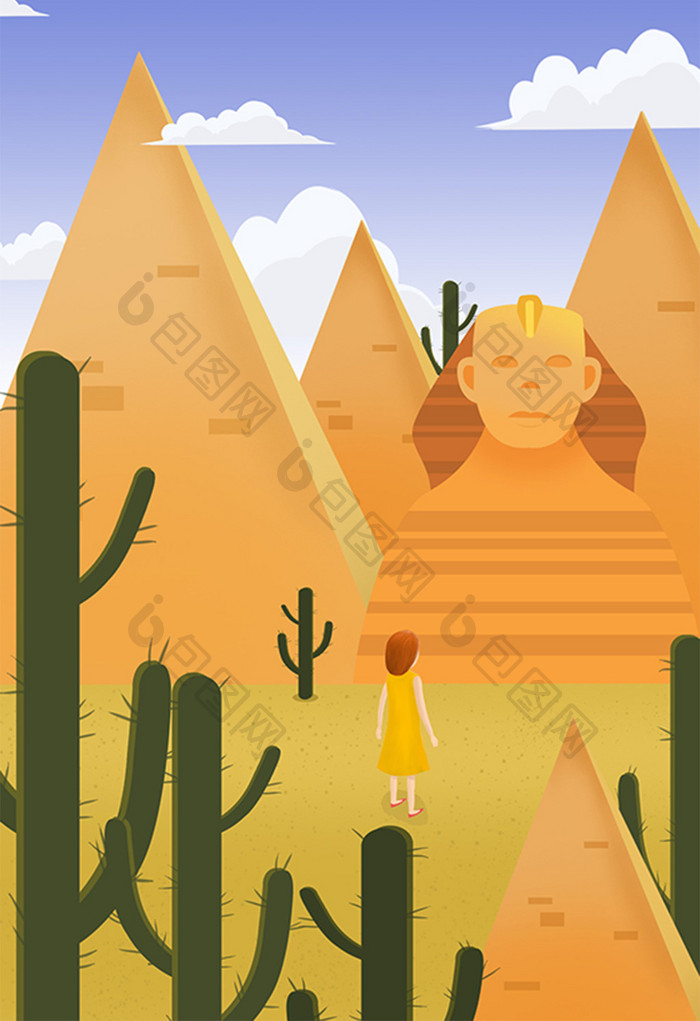 黄色扁平风格旅游景点埃及金字塔手绘插画
