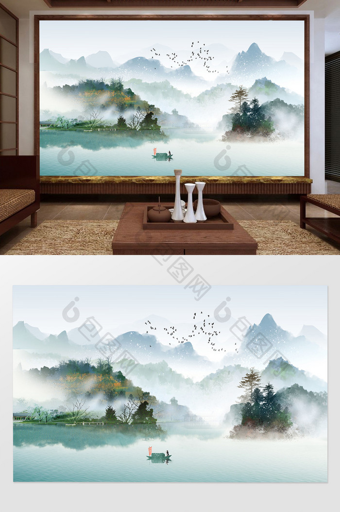 新中式山水情景色背景墙