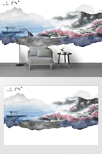 新中式水墨国画抽象山水蓝色风景图片