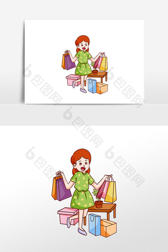 手绘女孩开心购物提包裹插画素材图片