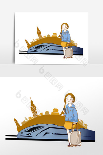 手绘女孩拉行李城市旅游插画素材图片