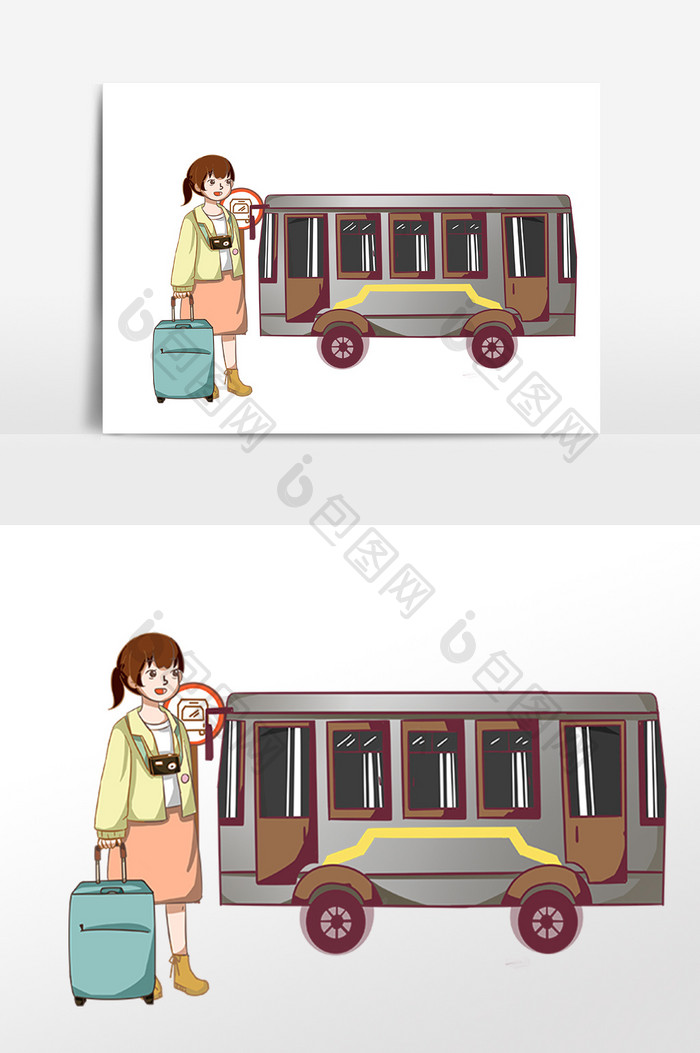 手绘女孩拿行李坐公车旅游插画素材