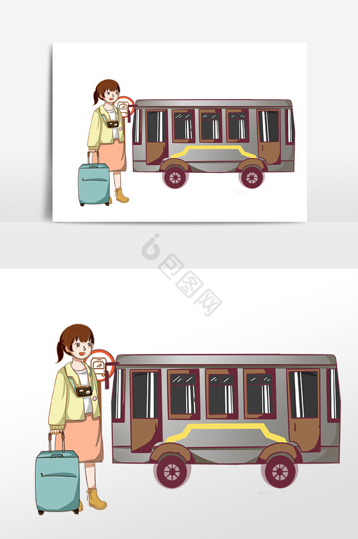女孩拿行李坐公车旅游插画图片