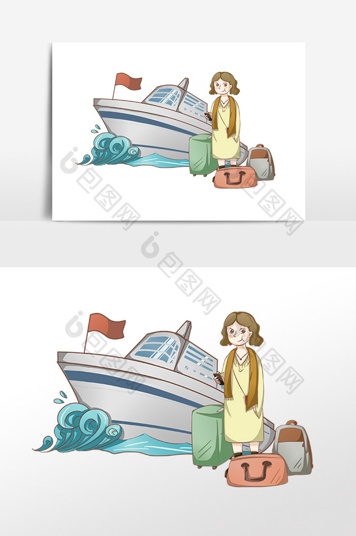 手绘假期坐船旅游女孩插画素材