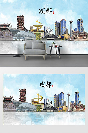 现代素描彩绘泼墨成都市城市剪影背景墙图片