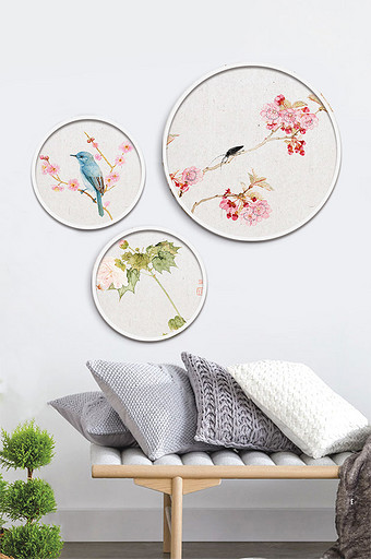 新中式彩绘花鸟三联装饰画图片