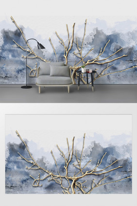现代简约造型树枝浮雕清新蓝色彩绘背景墙