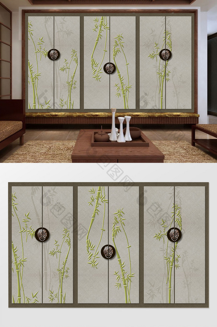 中式意境简约绿色竹子时尚大气软包背景墙
