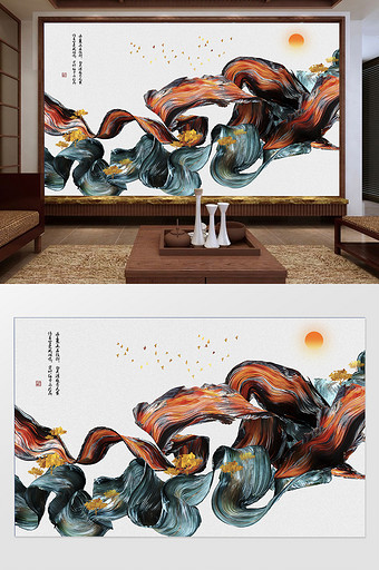 创意中式抽象山水彩油画电视背景墙图片