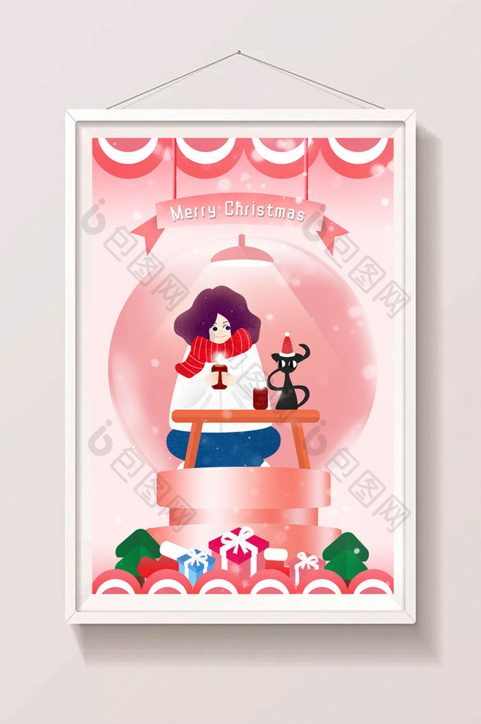 圣诞节节日水晶球人物猫咪海报图插画