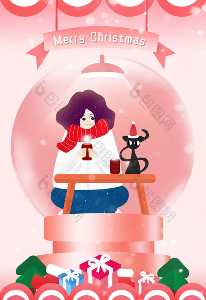 圣诞节节日水晶球人物猫咪海报图插画