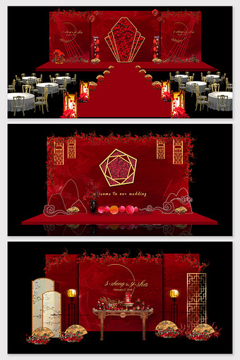现代感新中式红色婚礼效果图图片
