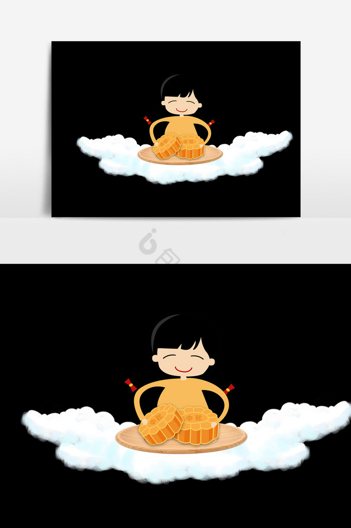 座在白云上吃月饼的小女孩PSD图片