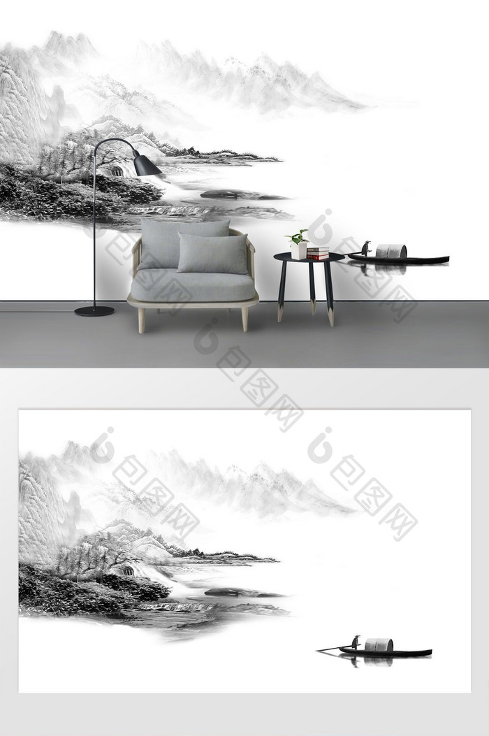 新中式水墨国画抽象山水风景艺术背景墙