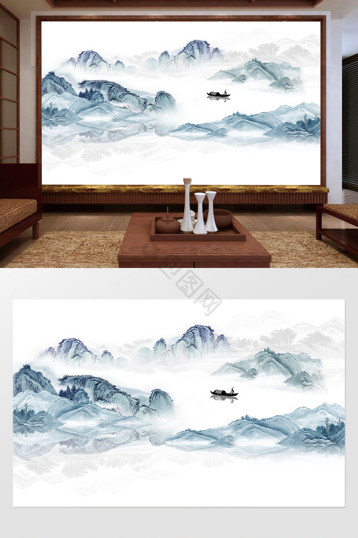 新中式蓝色抽象国画水墨风景图片