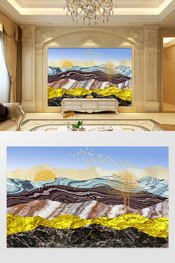北欧金色大理石抽象风景画背景墙图片
