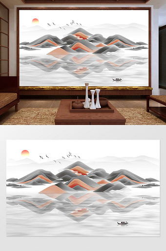 新中式抽象山水唯美电视背景墙图片