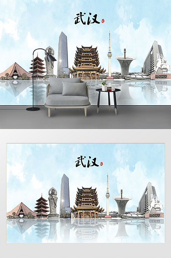 现代素描彩绘泼墨武汉市城市剪影背景墙图片