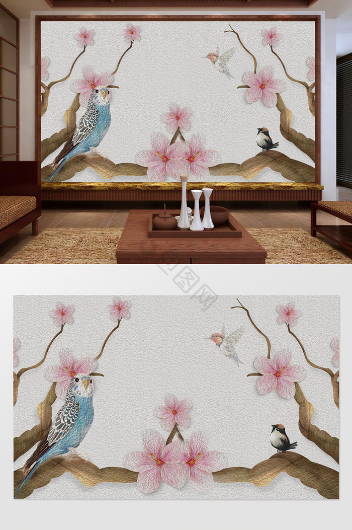 树枝花卉小鸟背景墙图片
