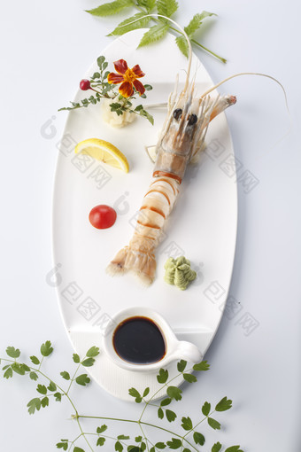 精美餐具装的南极鳌虾刺身